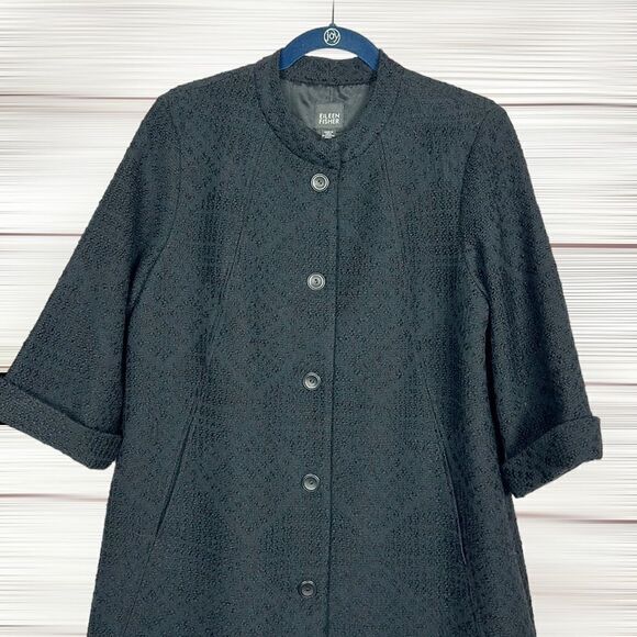 Eileen Fisher Textured Black Wool Swing Coat Silk Lined 3/4 Sleeve Band Collar S - Picture 3 of 13